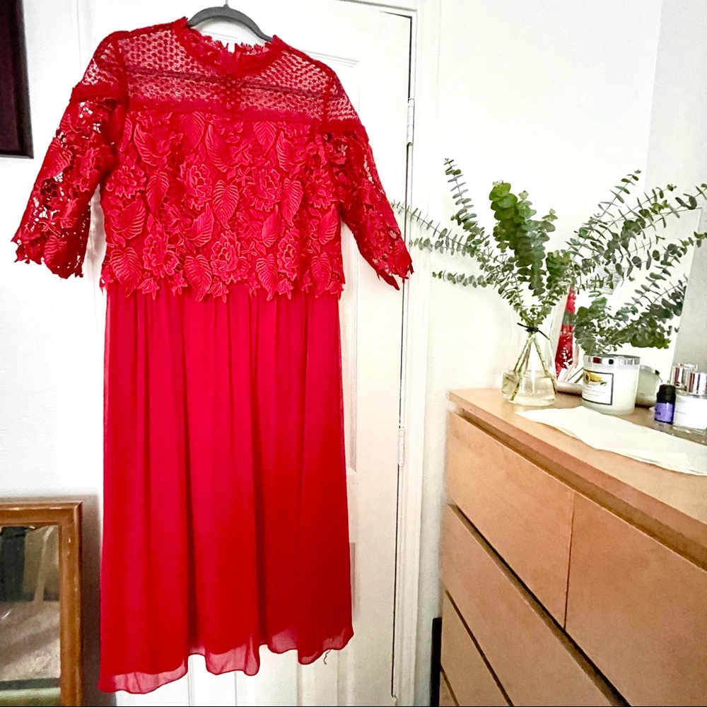 Little Mistress lace top midi skater dress, US14